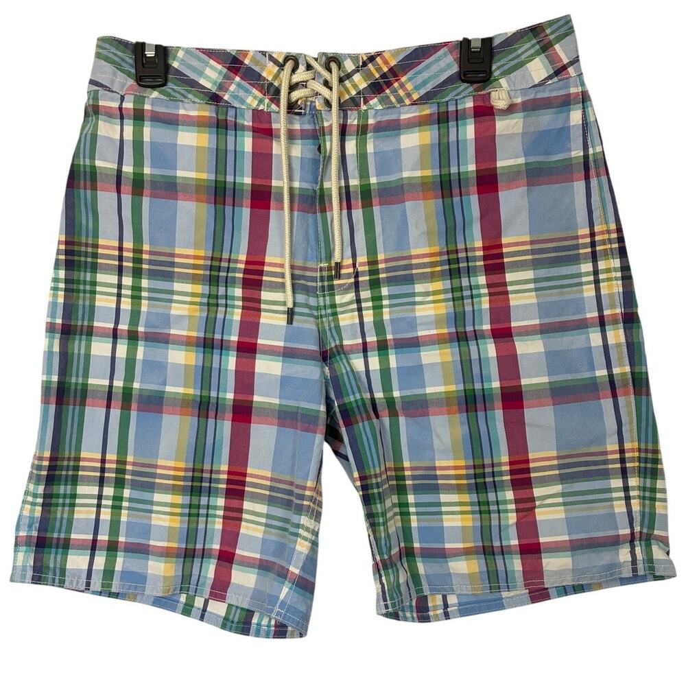 Polo Ralph Lauren Board Shorts Mens 32 Multi Blue Plaid Bermuda Summer Beach